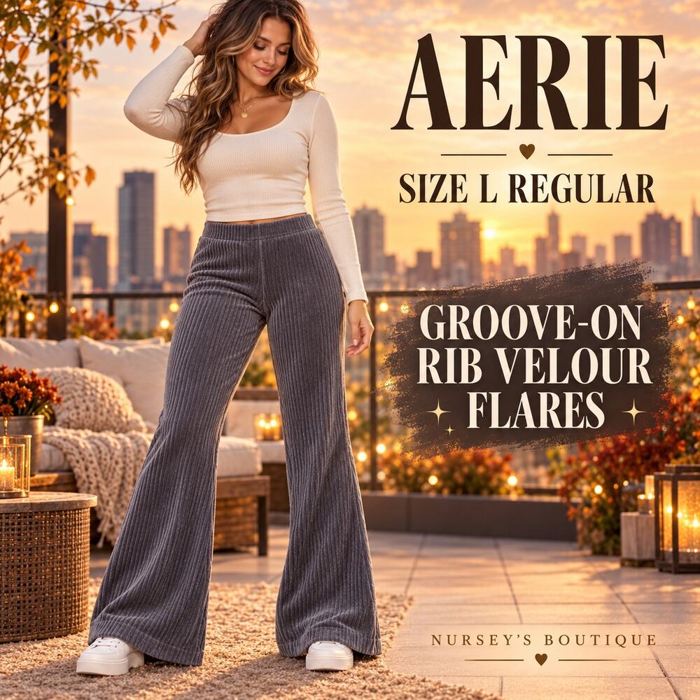 Aerie Groove-On Rib Velour Flare Pants Gray High Rise Large Regular